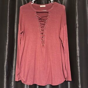 Cherish Burgundy Lace-Up Long Sleeve Top